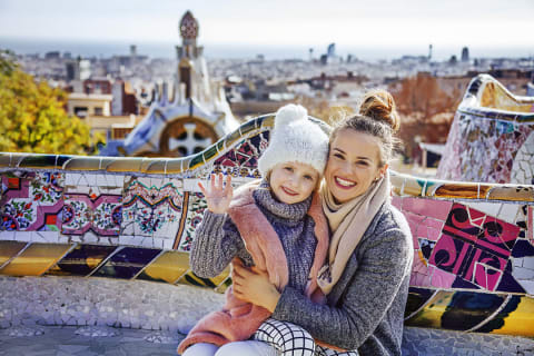 Mother and daughter at Park Guell in Barcelona, Spain