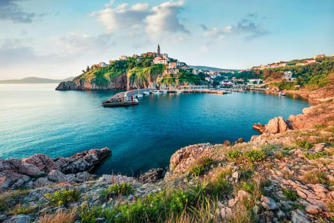 Sunny morning landscape of Vbnik town on Krk Island in Kvarner bay archipelago, Croatia