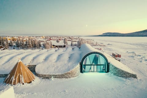 An aerial view of an Ice hotel in Kiruna, Sweden