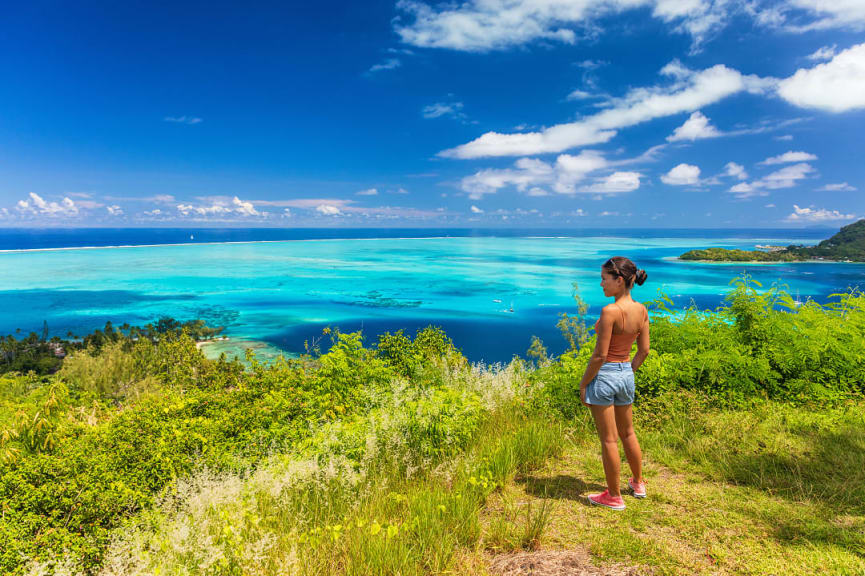 Woman hiking in Bora Bora, French Polynesia