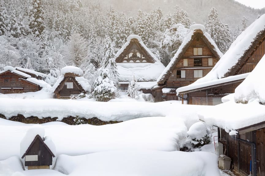 Snow covered Gassho-zukuri in Gokayama, Japan