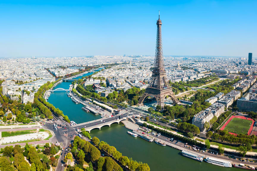 Aerial view of the Eiffel Tower in Paris, France