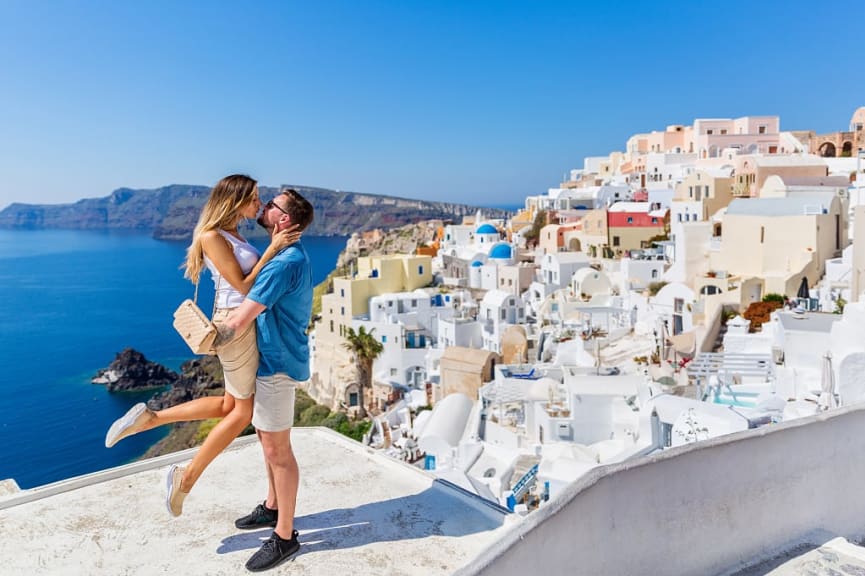 Couple in love on Santorini island, Greece