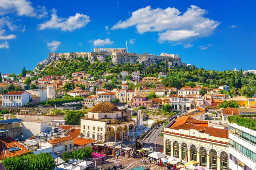 View of the Acropolis from Plaka town in Athens, Greece