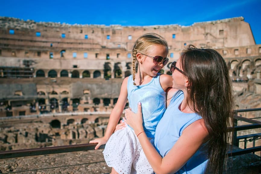 Mother and daughter at the Colosseum in Rome, Italy