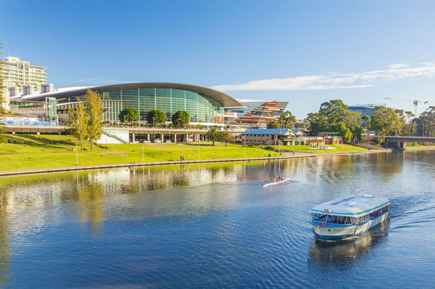 Downtown area of Adelaide with Torrens River in Australia.