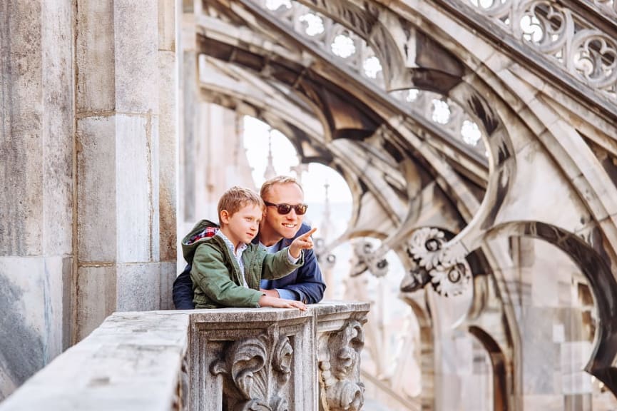 Father and son exploring Milan