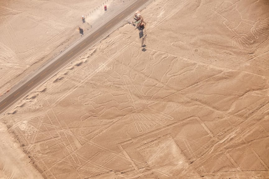 Geoglyphs made in the soil of the desert in Nazca, Peru.