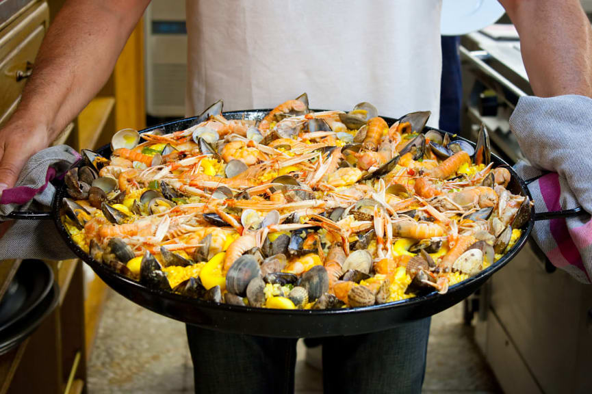 Freshly made seafood paella in Spain