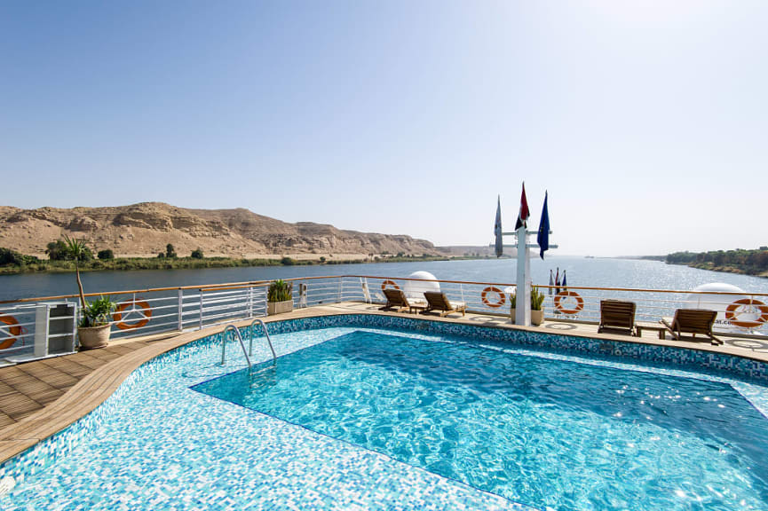 Swimming pool on a cruise ship sailing the Nile river in Egypt