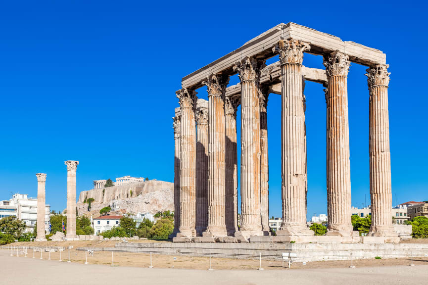 Temple of Olympian Zeus with the Acropolis in the background in Athens, Greece