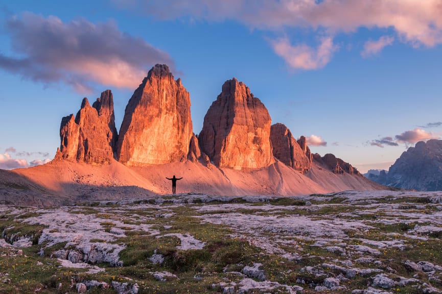 Hiker at Tre Cime di Lavaredo in the Dolomites