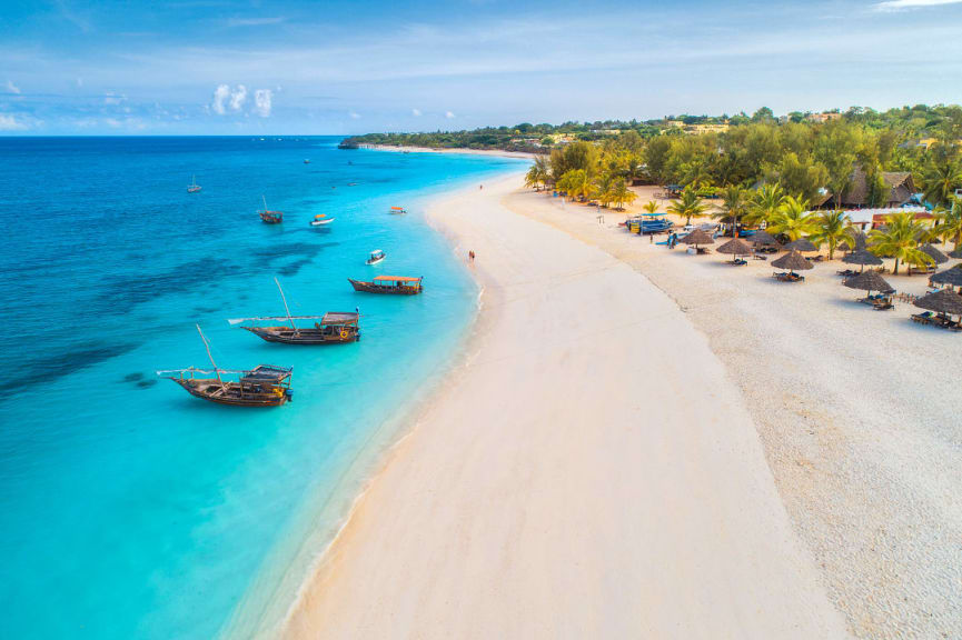 Fishing boats on tropical island of Zanzibar in Tanzania 