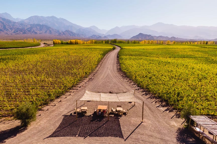 Outdoor seating at vineyard in Mendoza, Argentina with mountains in the background