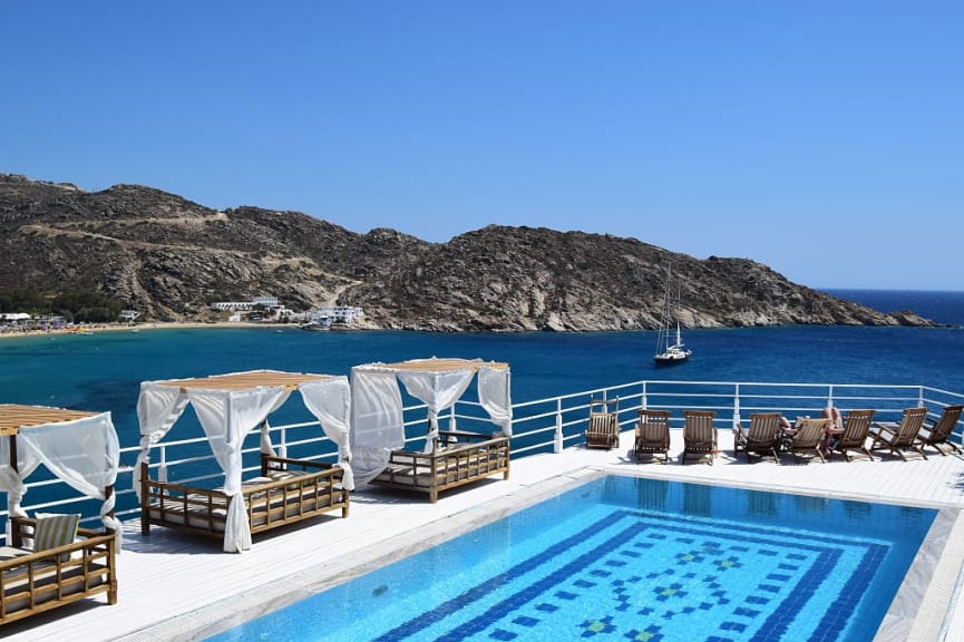 View from resort pool on the Cyclades island of Ios, Greece.