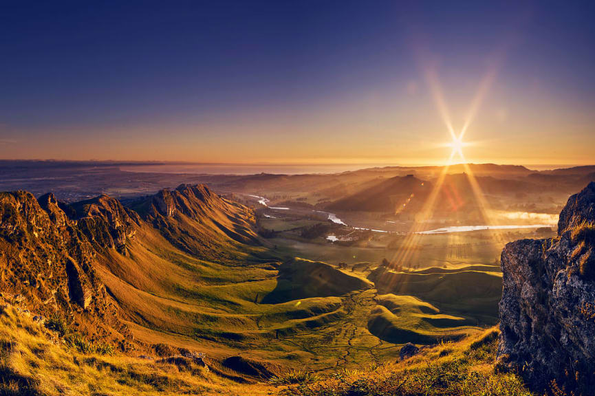 Spectacular scenery with sunset view from Te Mata Peak in Hawke's Bay, New Zealand.