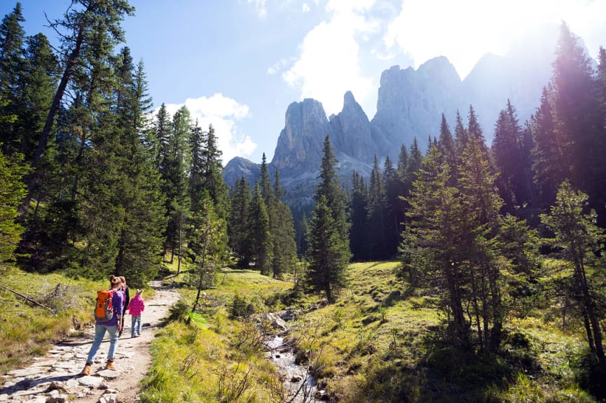 Family hiking at the Puez Odle Nature Park in the Dolomites