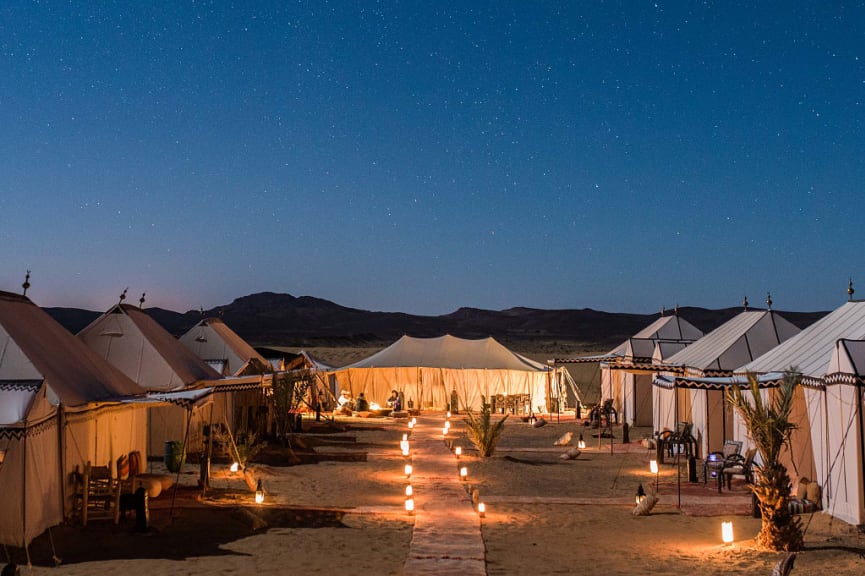 Luxury desert camp under the stars in Erg Chebbi, Morocco