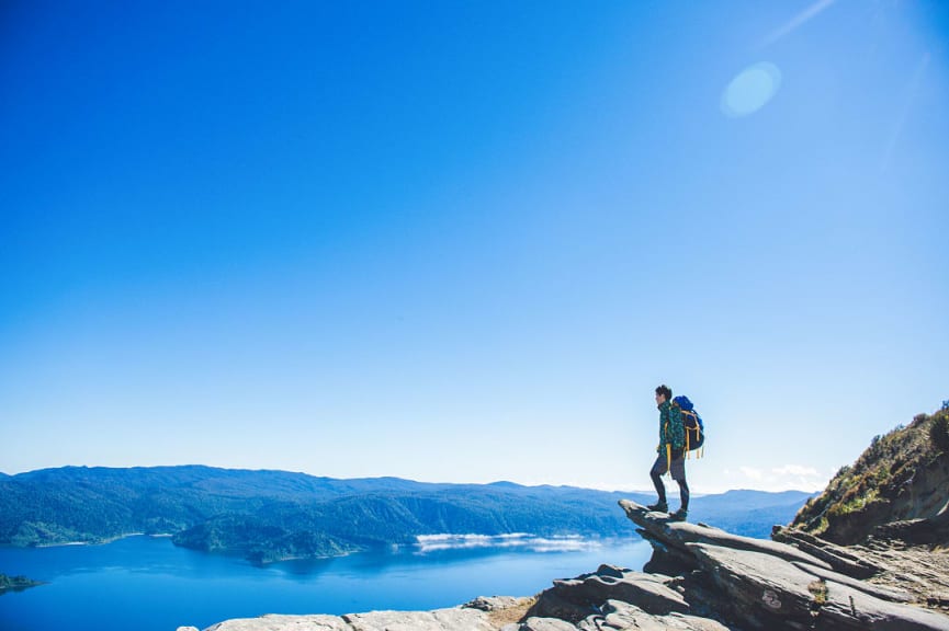 Hiker taking in the scenery on Lake Waikaremoana Track a Great Walks in New Zealand