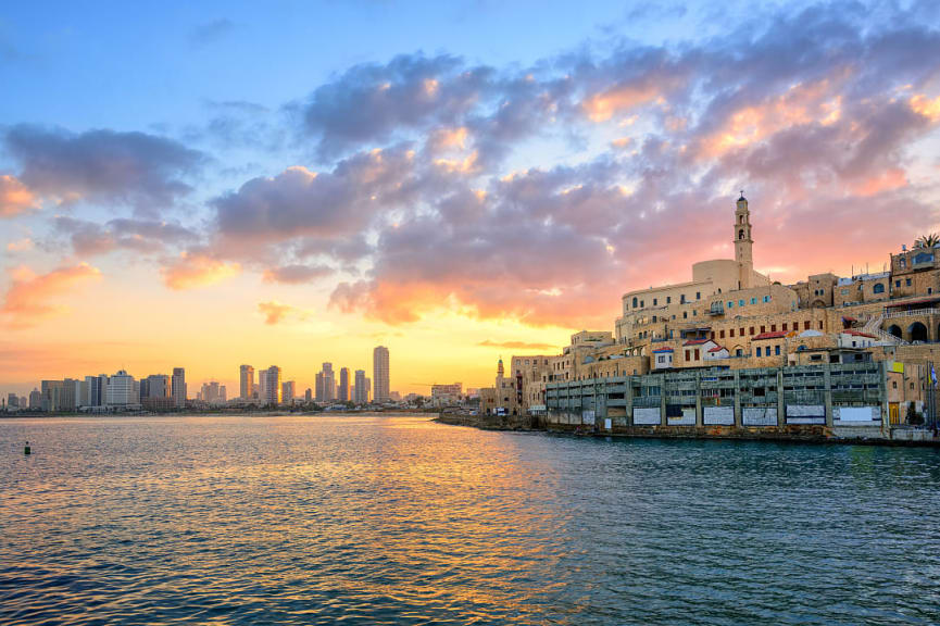 Old town Jaffa with the Tel Aviv skyline in Israel