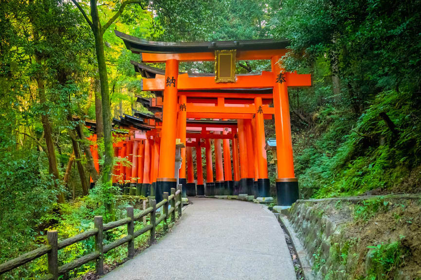 The orange gates of Fushimi Inari Taisha Shrine in Kyoto, Japan