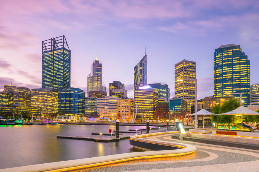 Elizabeth Quay city skyline at dusk in Perth, Australia.