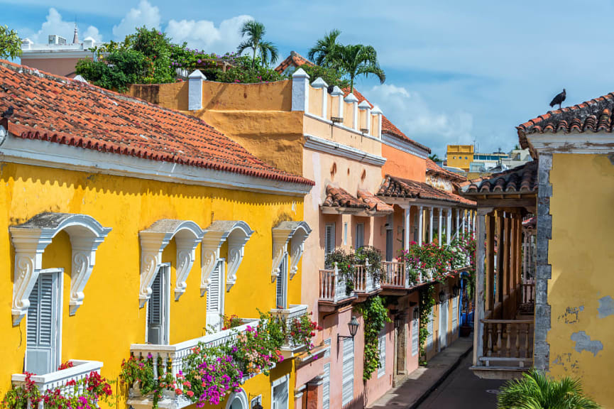 Colonial buildings and balconies in the historic center of Cartagena, Colombia