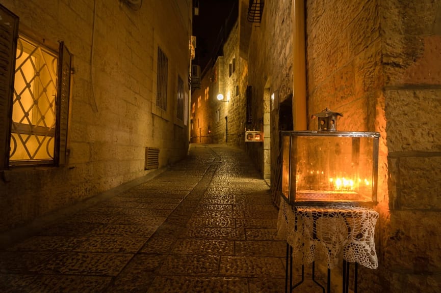 Menorahs lit in the Jewish Quarter of Jerusalem on Hanukkah