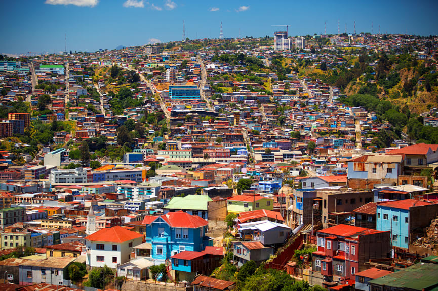 Colorful buildings on the hills of the UNESCO world heritage city of Valparaiso, Chile