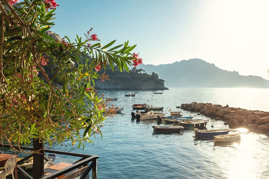 View of the bay and boats in the Conca dei Marini on the Amalfi Coast