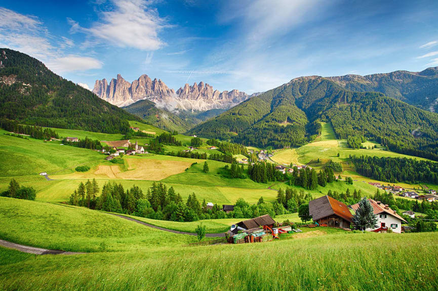 Lush green meadow of Val di Fune in the Dolomites, Italy