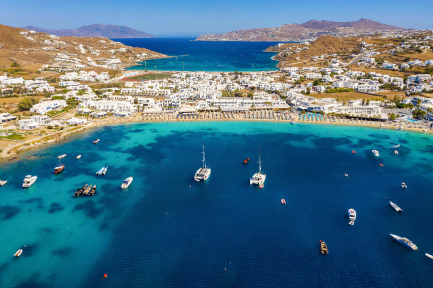 Aerial view of turquoise sea and beaches, Mykonos, Greece