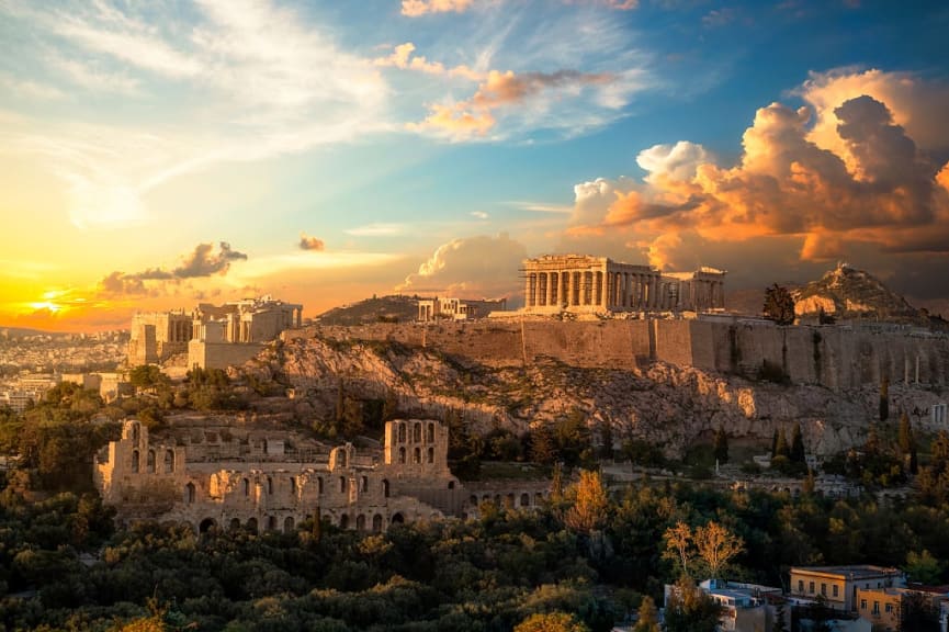 Sunset over the Acropolis in Athens, Greece.