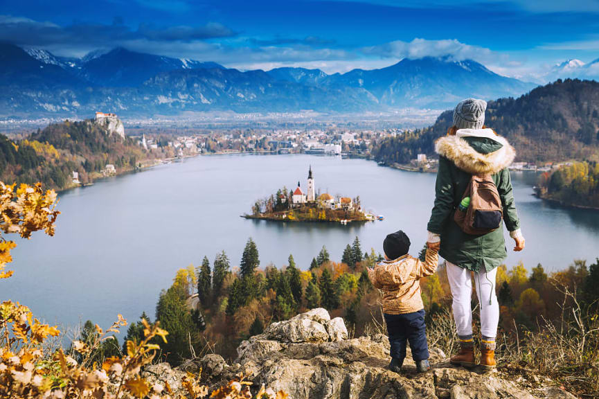 Mother and son at Bled Lake in Slovenia.