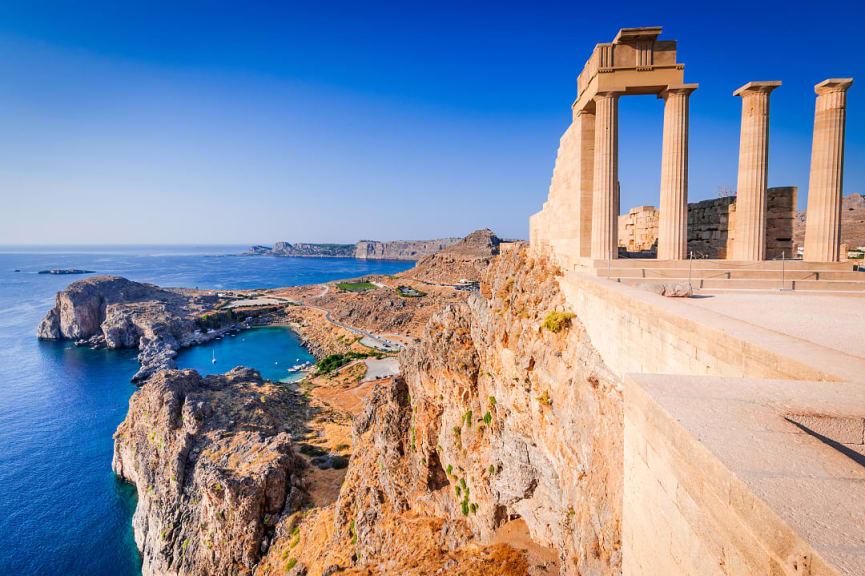 Lindos, small whitewashed village and the Acropolis of Rhodes island at Aegean sea in Greece