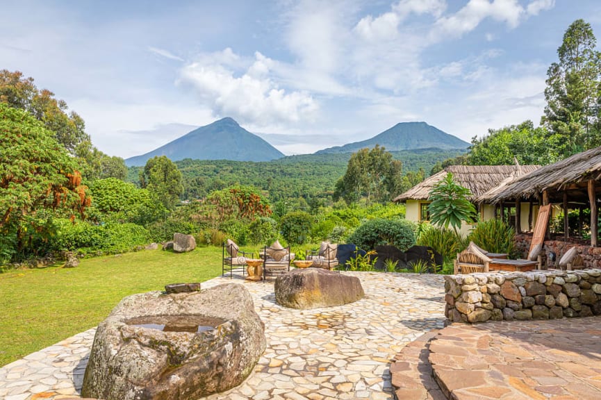 View of Mount Gahinga and Mount Sabyinyo from a lodge in Rwanda. 