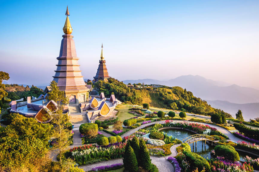 Twin pagodas and gardens at Doi Inthanon National Park  Doi Inthanon National Park in Chiang Mai, Thailand