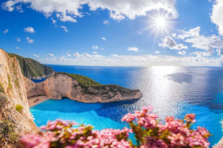 Navagio beach with shipwreck and flowers on Zakynthos island, Greece