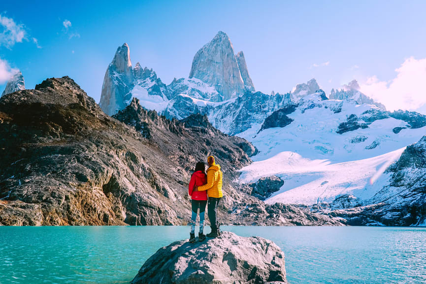 Couple enjoying the view at Mount Fitzroy in Patagonia, Argentina