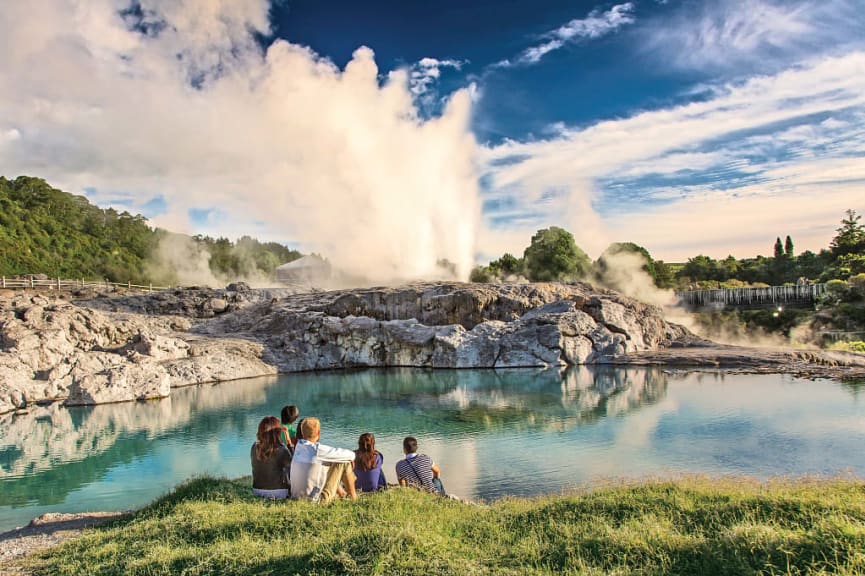 Pōhutu Geyser in the Whakarewarewa Thermal Valley, Rotorua, in the North Island of New Zealand. Photo courtesy Te Puia