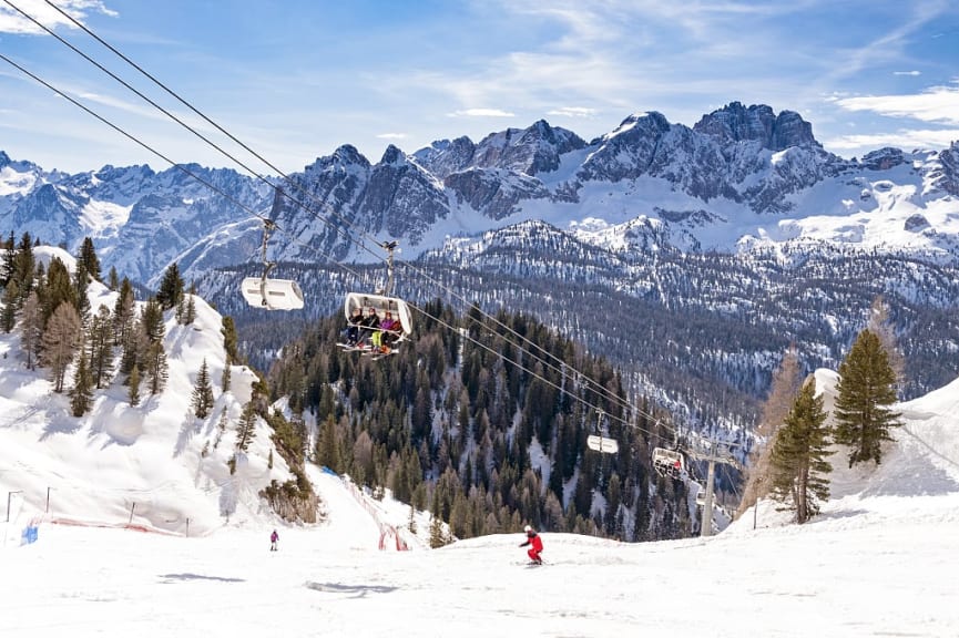 Downhill skiing at the Cortina d'Ampezzo ski resort in the Dolomites.