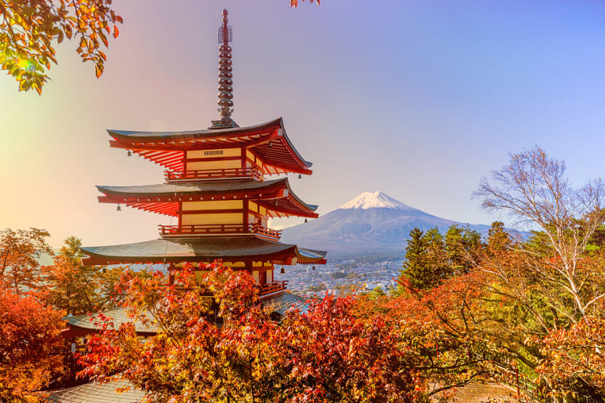 Fuji mountain and Chureito Pagoda shrine with autumn foliage in Fujiyoshida, Japan