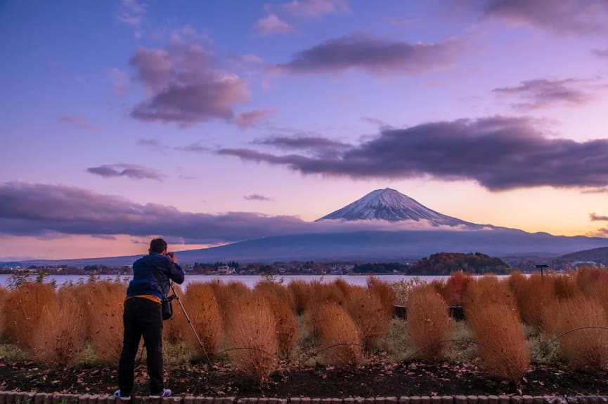 Man photographing Mount Fuji in Japan