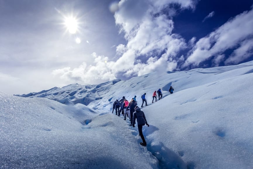 Hiking Perito Moreno Glacier in Los Glaciares National Park, Argentina.