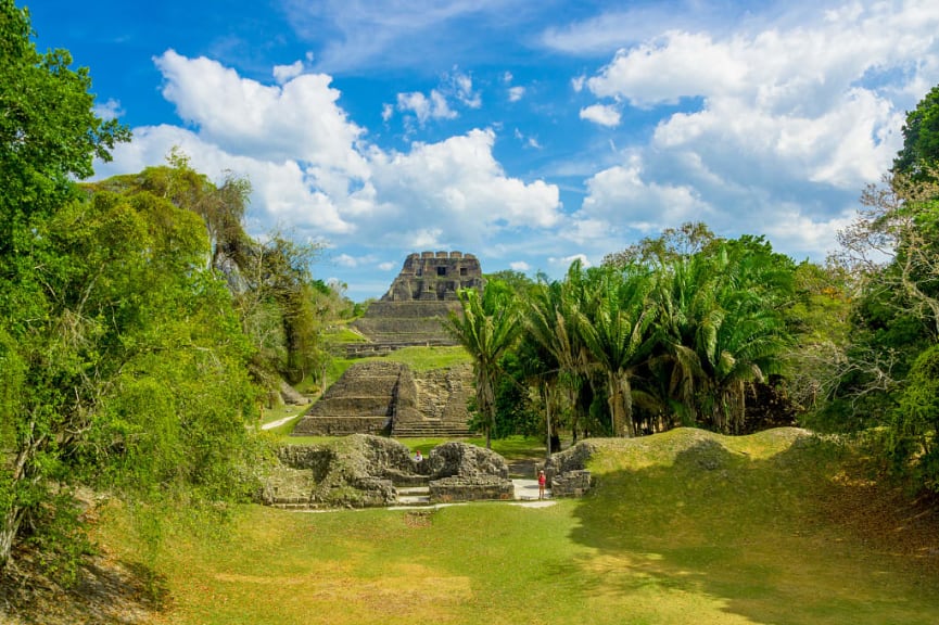 Xunantunich surrounded by lush jungle landscape in Belize