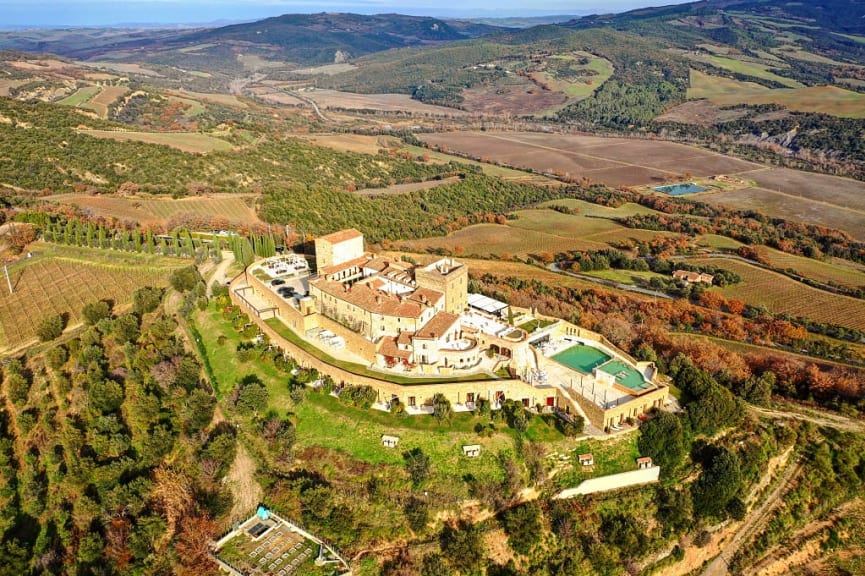 Castello di Velona Resort, Thermal Spa & Winery, a renovated fortress dating back from the XIth century, located on a hilltop overlooking Val d'Orcia, in Tuscany