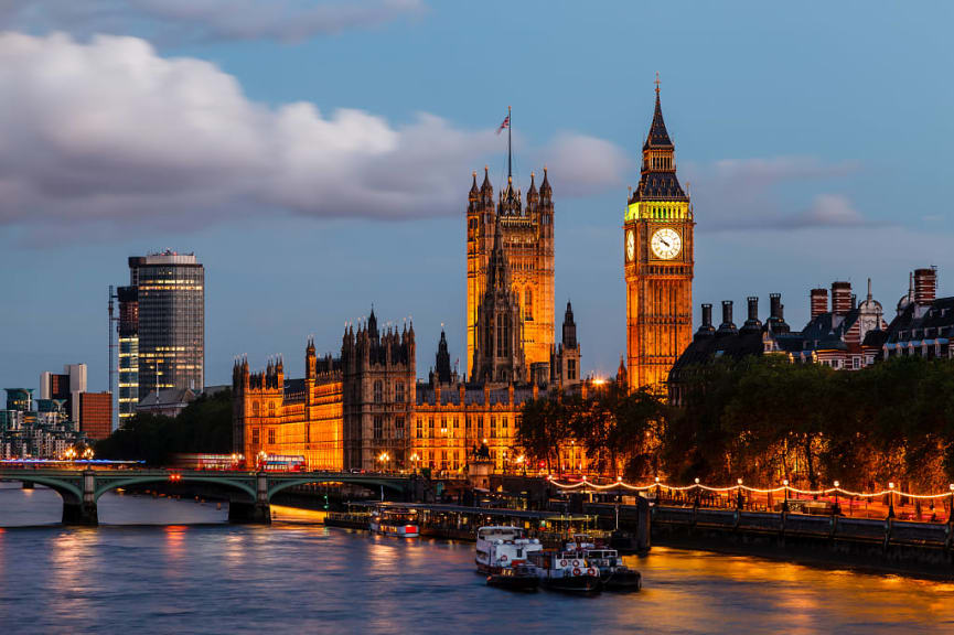 Big Ben and Westminster bridge in the London evening