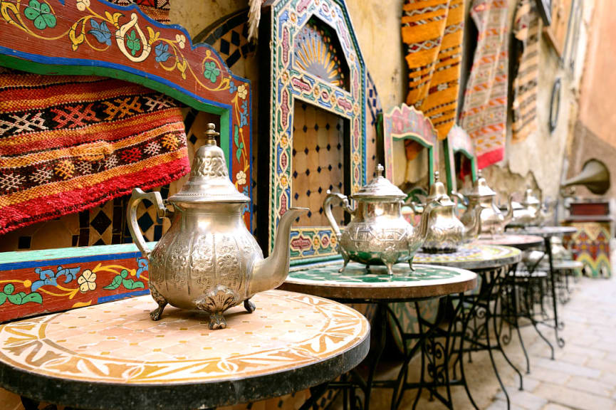 Tea kettles at an outdoor cafe in Rabat, Morocco