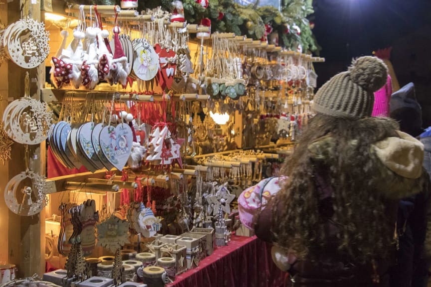 Hand-crafted Christmas decorations for sale at market in Aosta, Italy