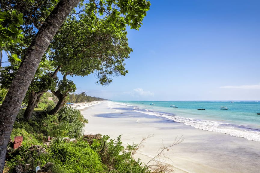 Diani beach seascape with white sand and turquoise Indian ocean, kenya